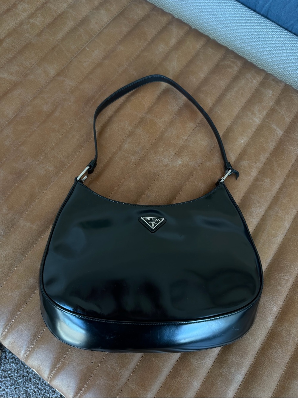 Prada Cleo Black Patent Leather Shoulder Bag with Silver Logo